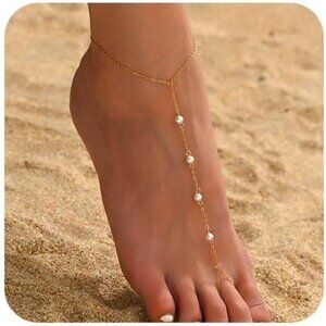 Anklets for Women Waterproof 18K Gold Plated Pearl Beaded Heart Diamond Ankle